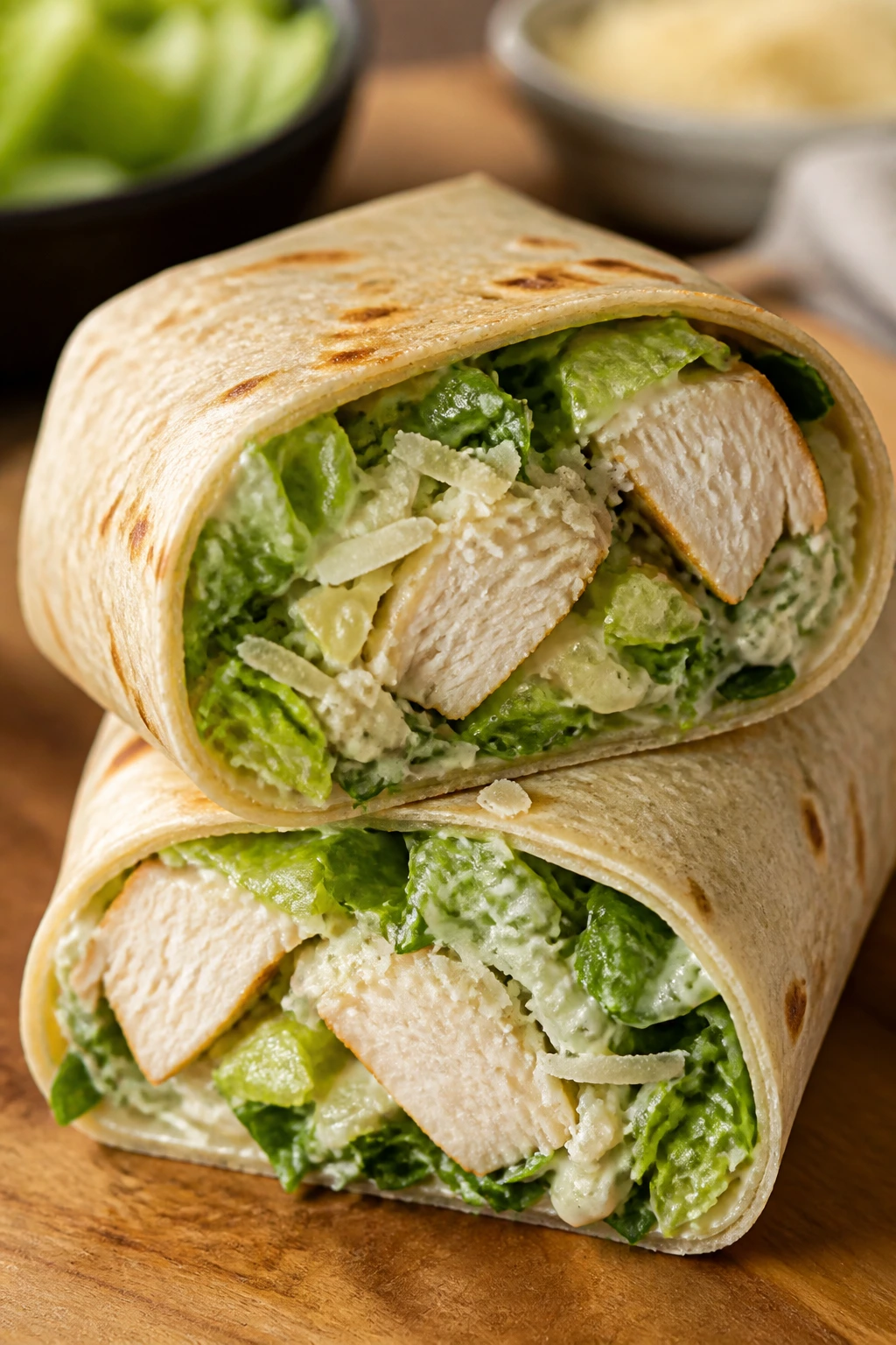 Chicken Caesar wrap cut in half showing filling.