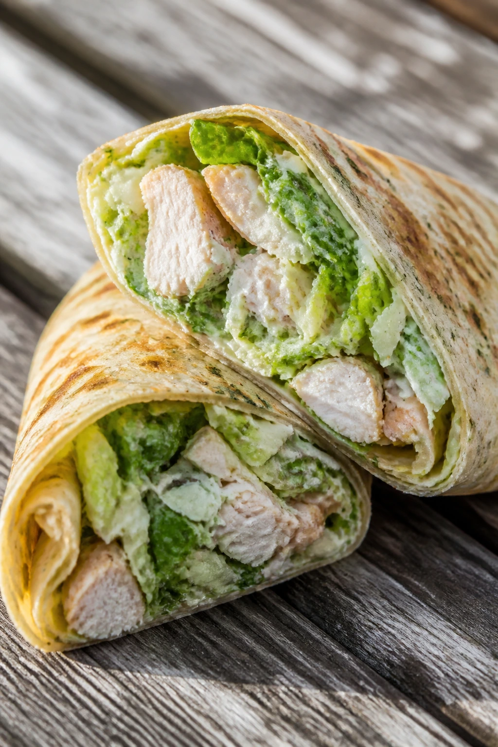 Half-cut chicken Caesar wrap showing romaine and Parmesan on a wooden table