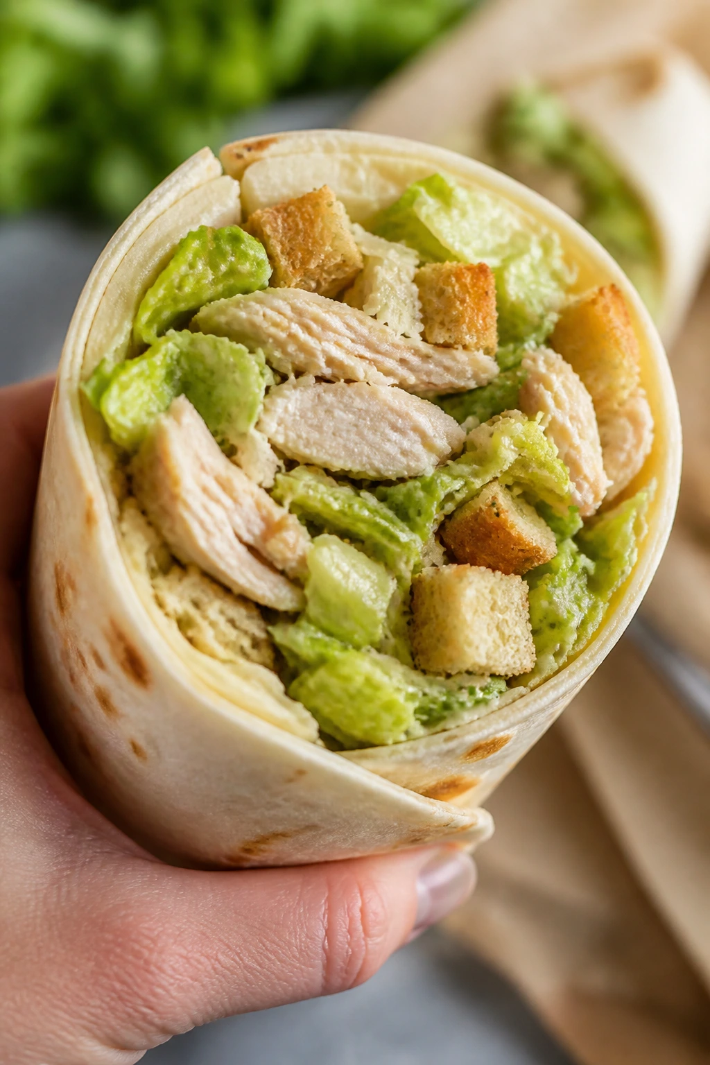 Cross-section of a chicken Caesar wrap showing romaine, parmesan, and chicken.