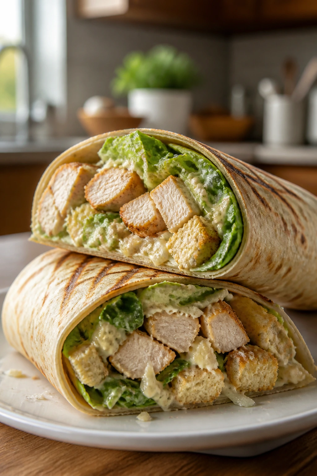 Close-up of a chicken Caesar wrap halved to show filling