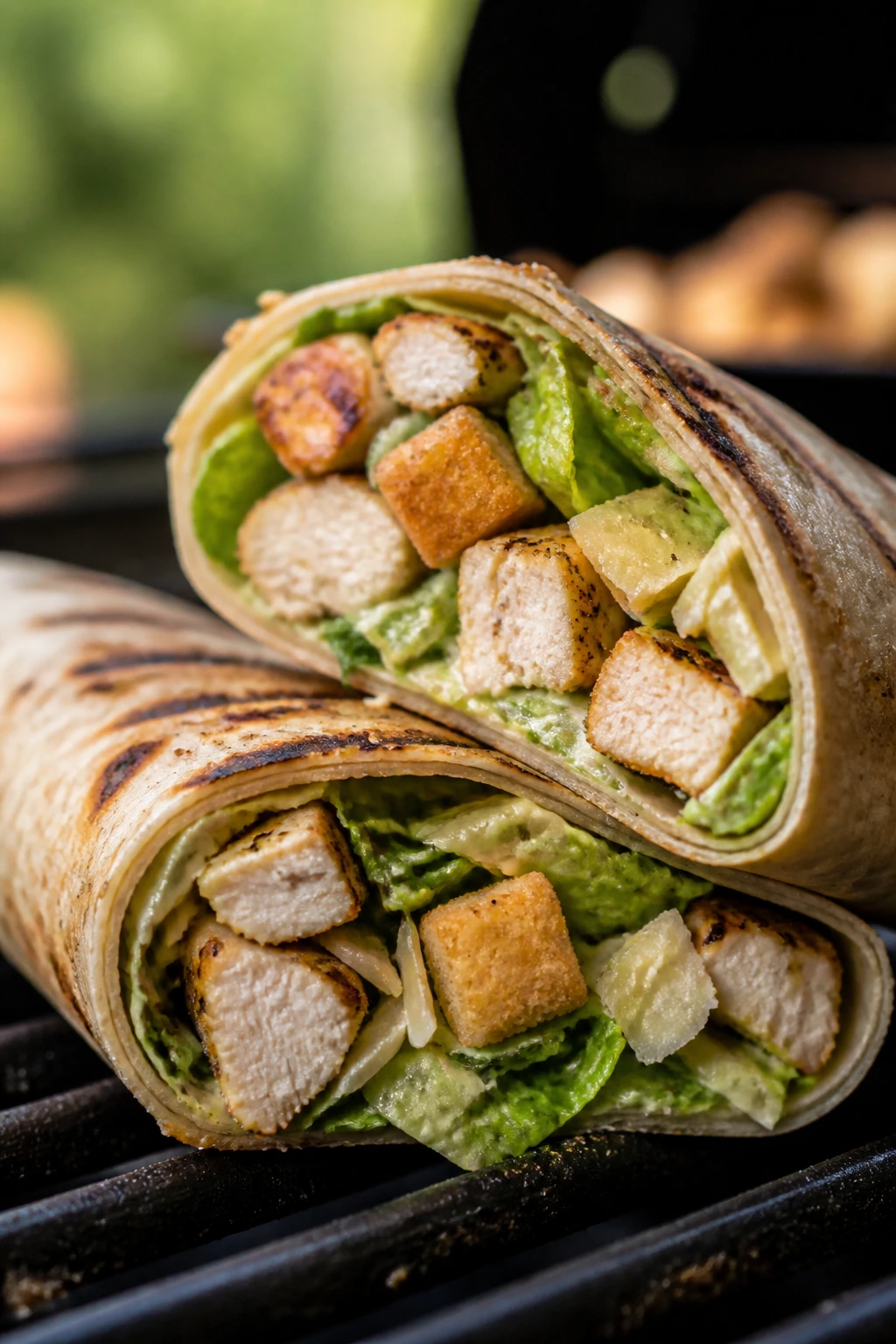 Close-up of a grilled chicken Caesar wrap cut to reveal romaine, Parmesan, and croutons.