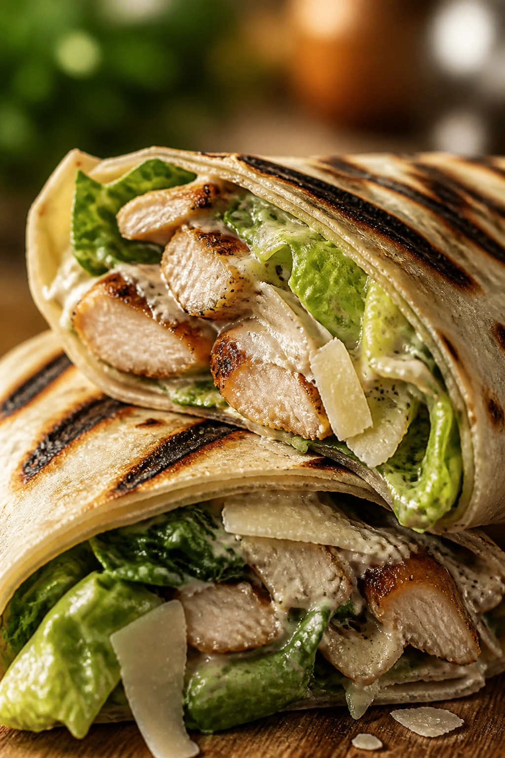 Cross-section of grilled chicken Caesar wrap showing fillings