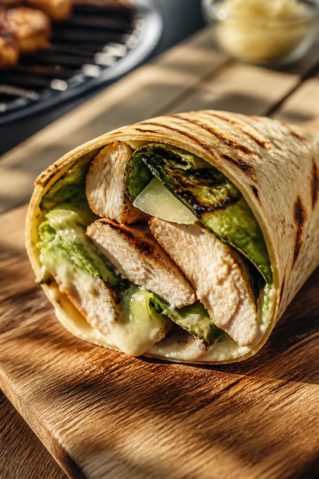 Close-up of chicken caesar wrap with grilled romaine on wooden board