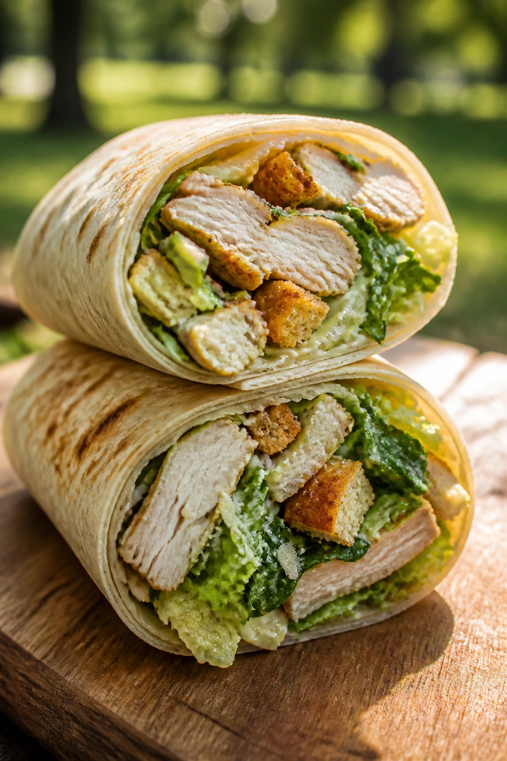 Close-up of a sliced chicken Caesar wrap showing romaine, parmesan, and croutons on a picnic board