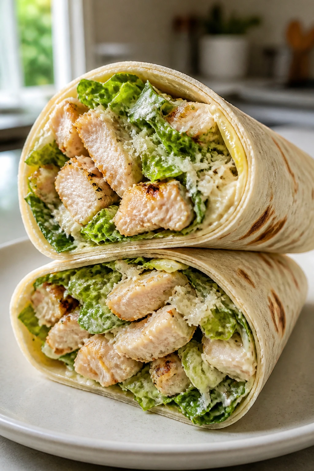Close-up of a chicken Caesar wrap half on a plate showing chicken, romaine, parmesan