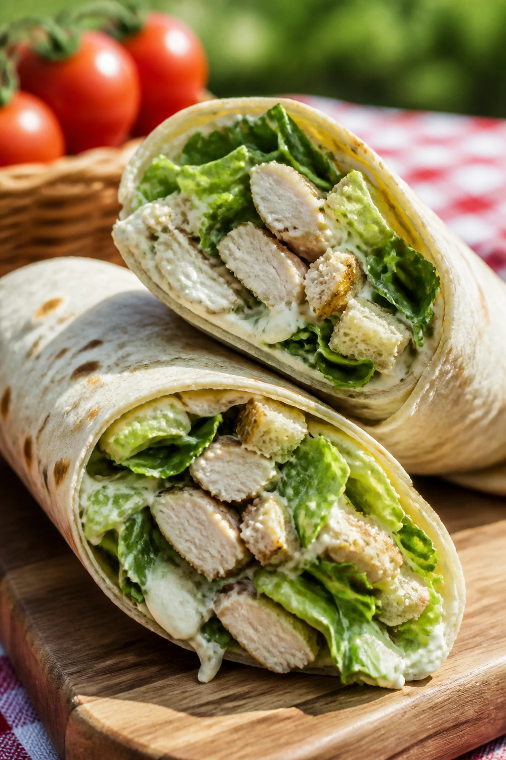 Close-up of a chicken caesar wrap halved on a rustic plate