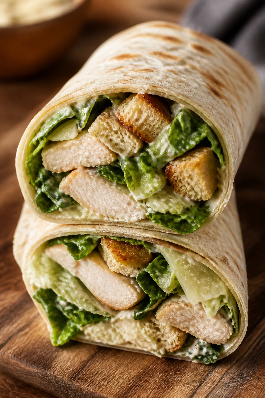 Chicken Caesar wrap cut in half on plate