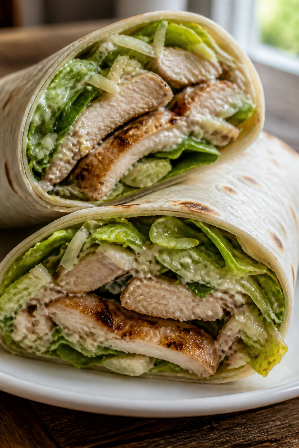 Close-up of a Chicken Caesar Wrap with romaine and parmesan on a plate