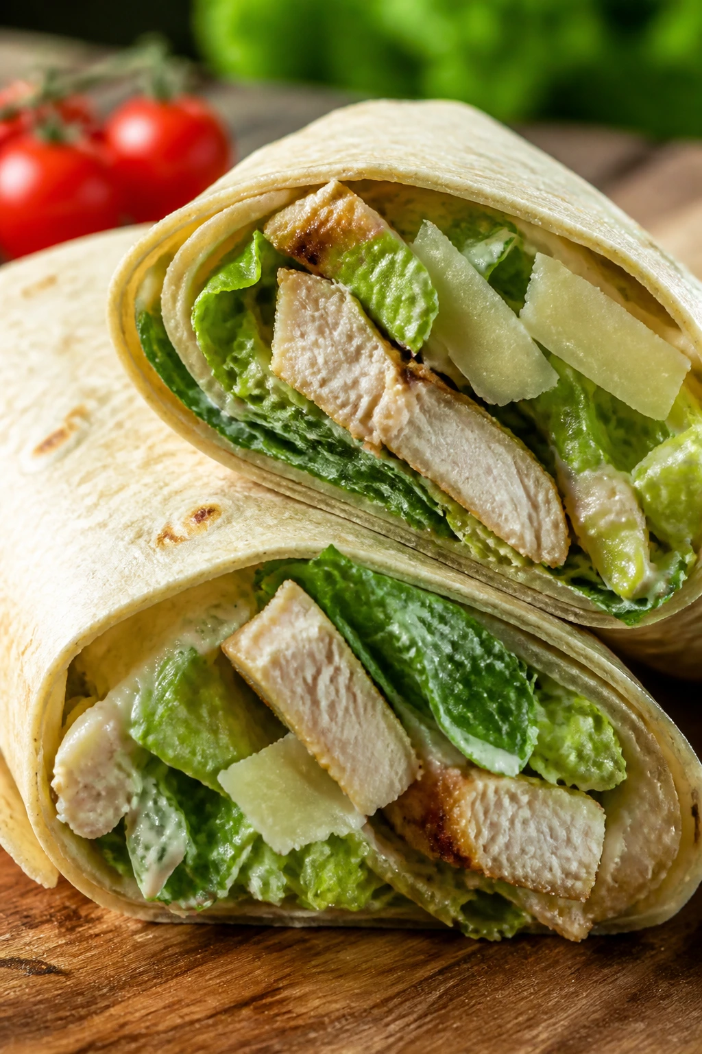 Close-up of a chicken Caesar wrap cut in half on a wooden table.
