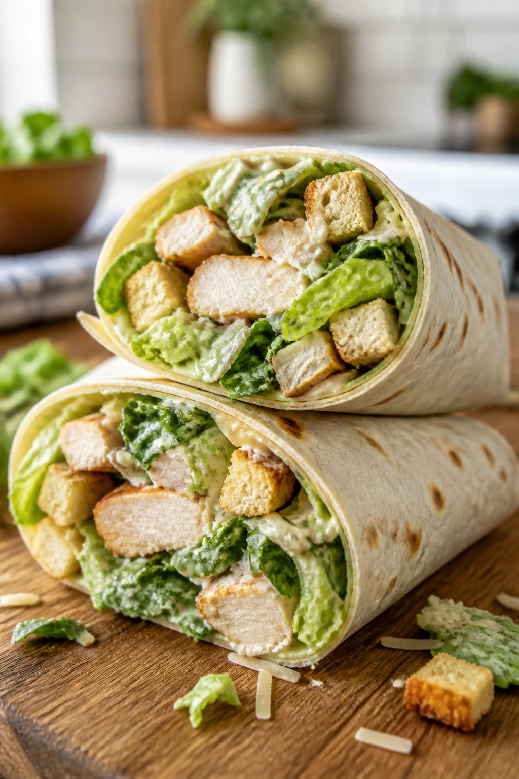 Close-up of a chicken Caesar wrap half opened showing filling