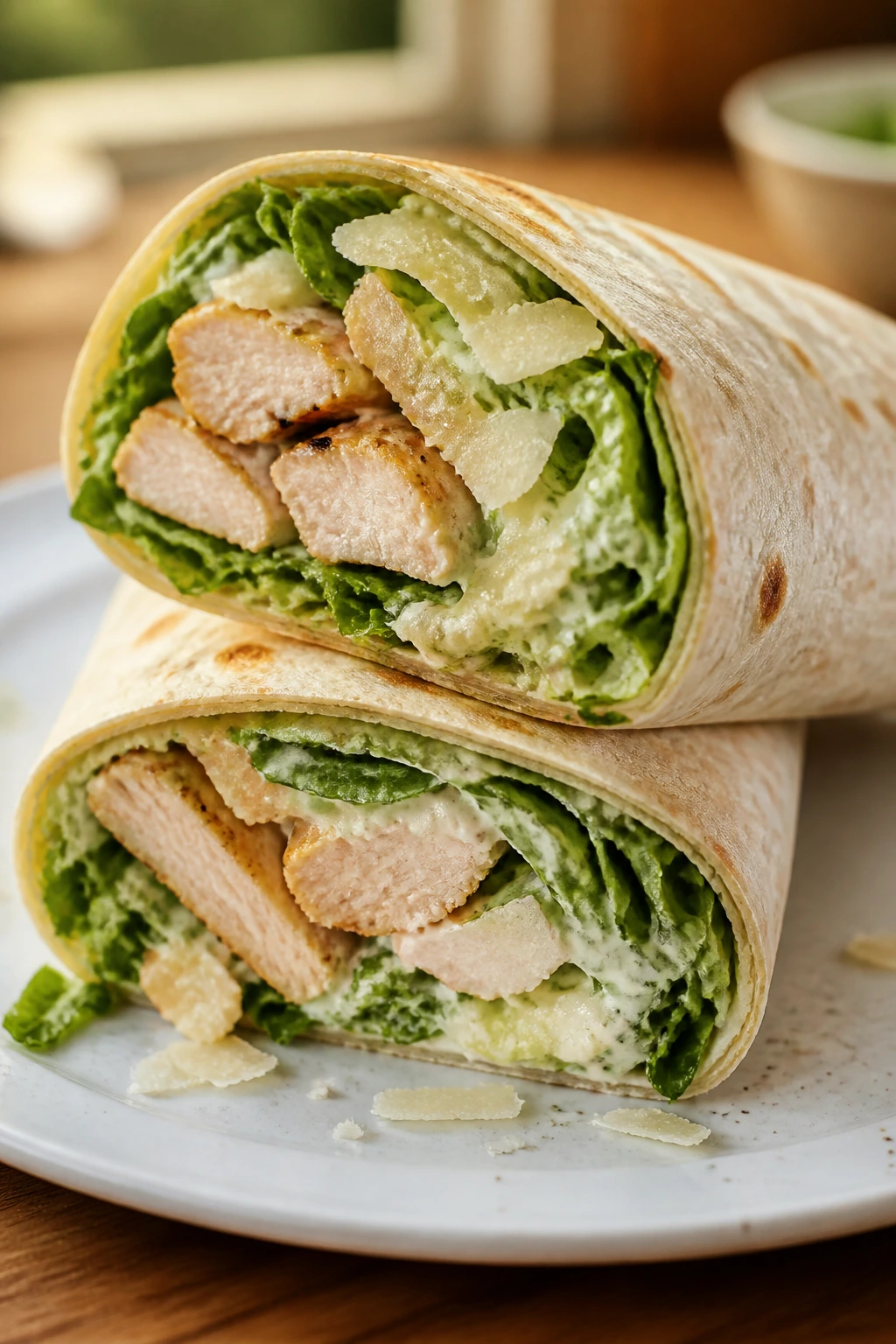 Chicken caesar wraps cut open on plate