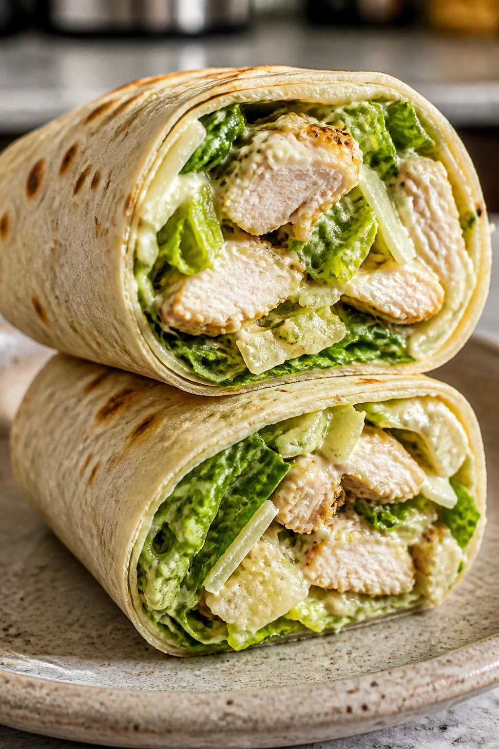 Half-cut chicken Caesar wrap on plate showing romaine, parmesan, and dressing