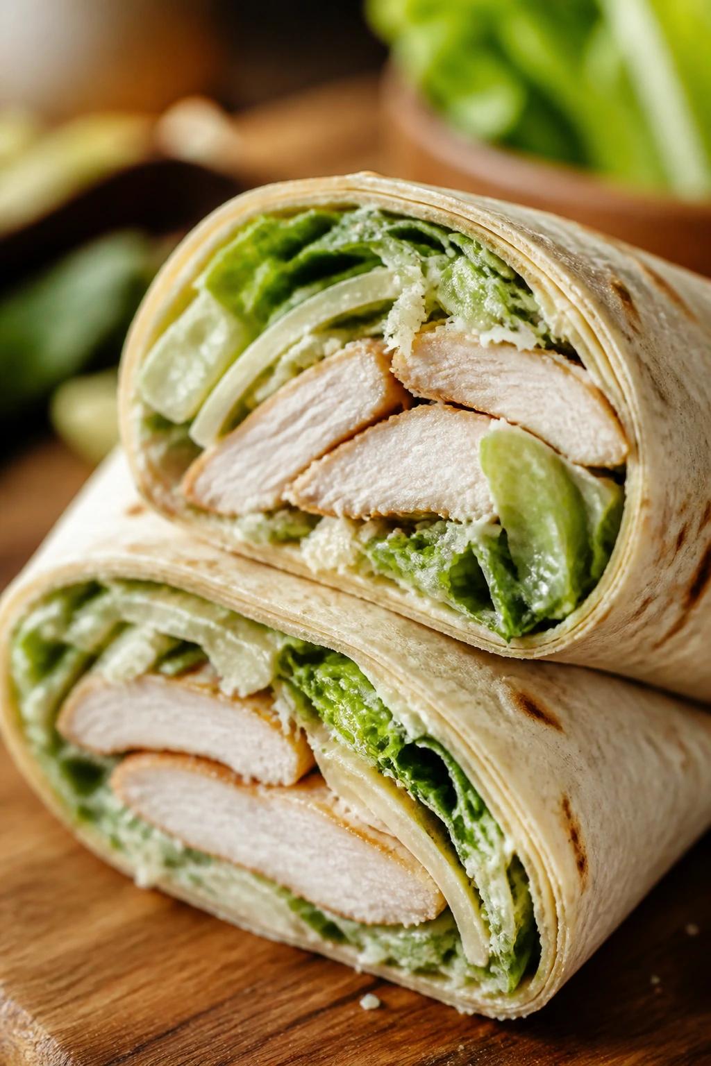 Close-up of chicken Caesar wrap halves showing romaine and Parmesan