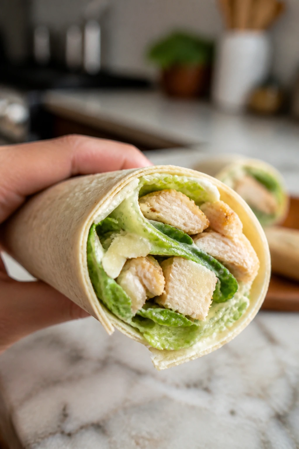 Chicken Caesar wrap held in hand showing romaine and cheese