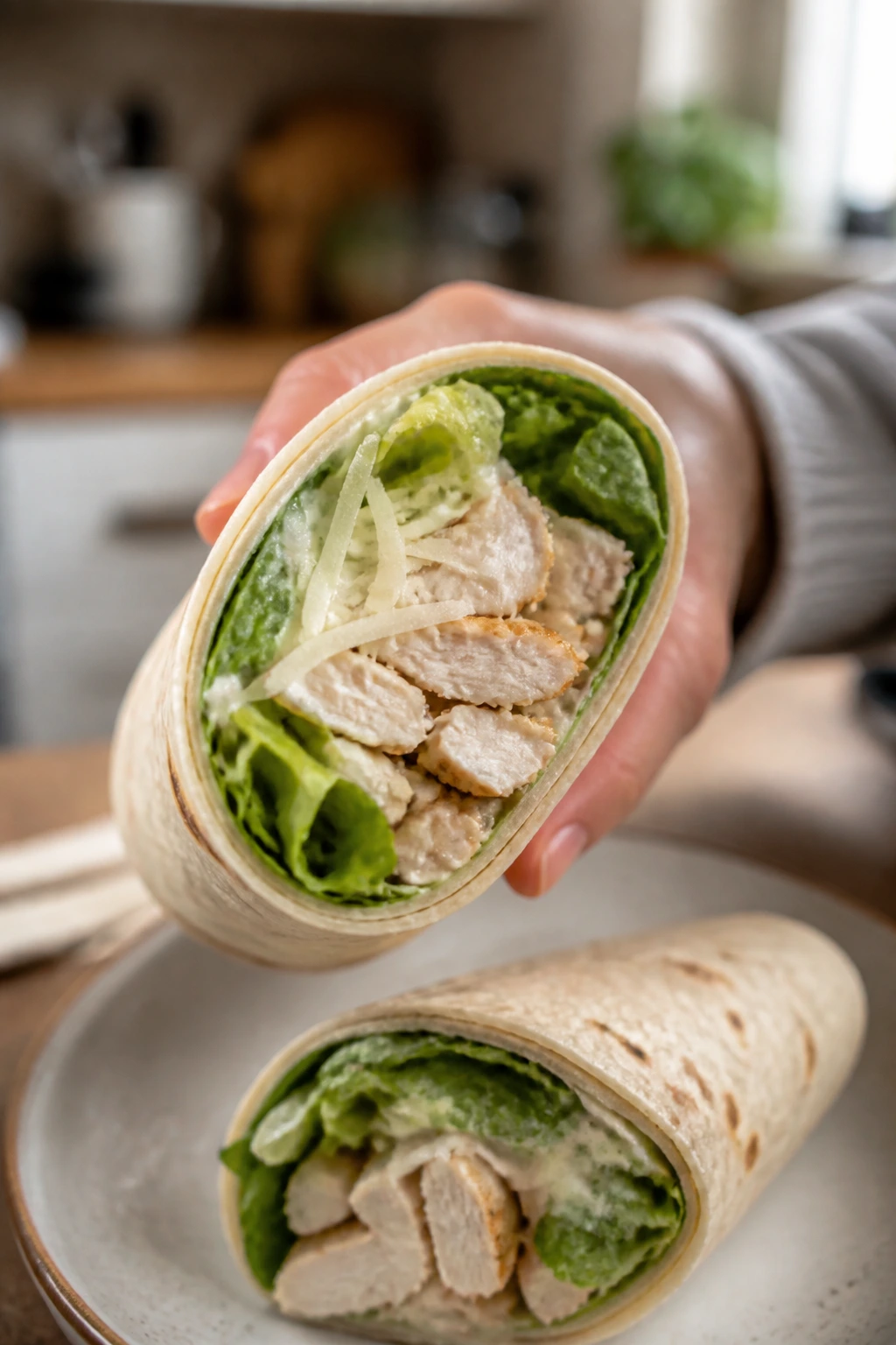 Real person holding a Chicken Caesar wrap showing inside ingredients