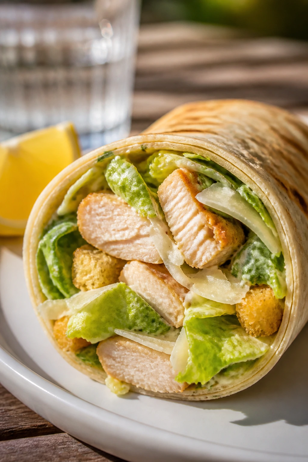Close-up of a chicken Caesar wrap cut open to show romaine and croutons