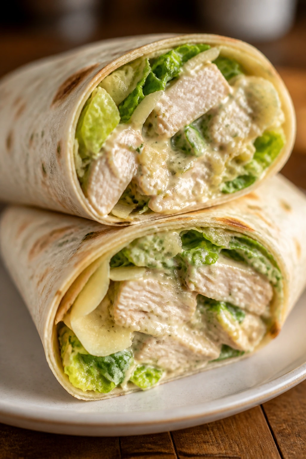 Close-up of Chicken Caesar Wraps half-cut on a plate showing chicken, romaine, and Parmesan.