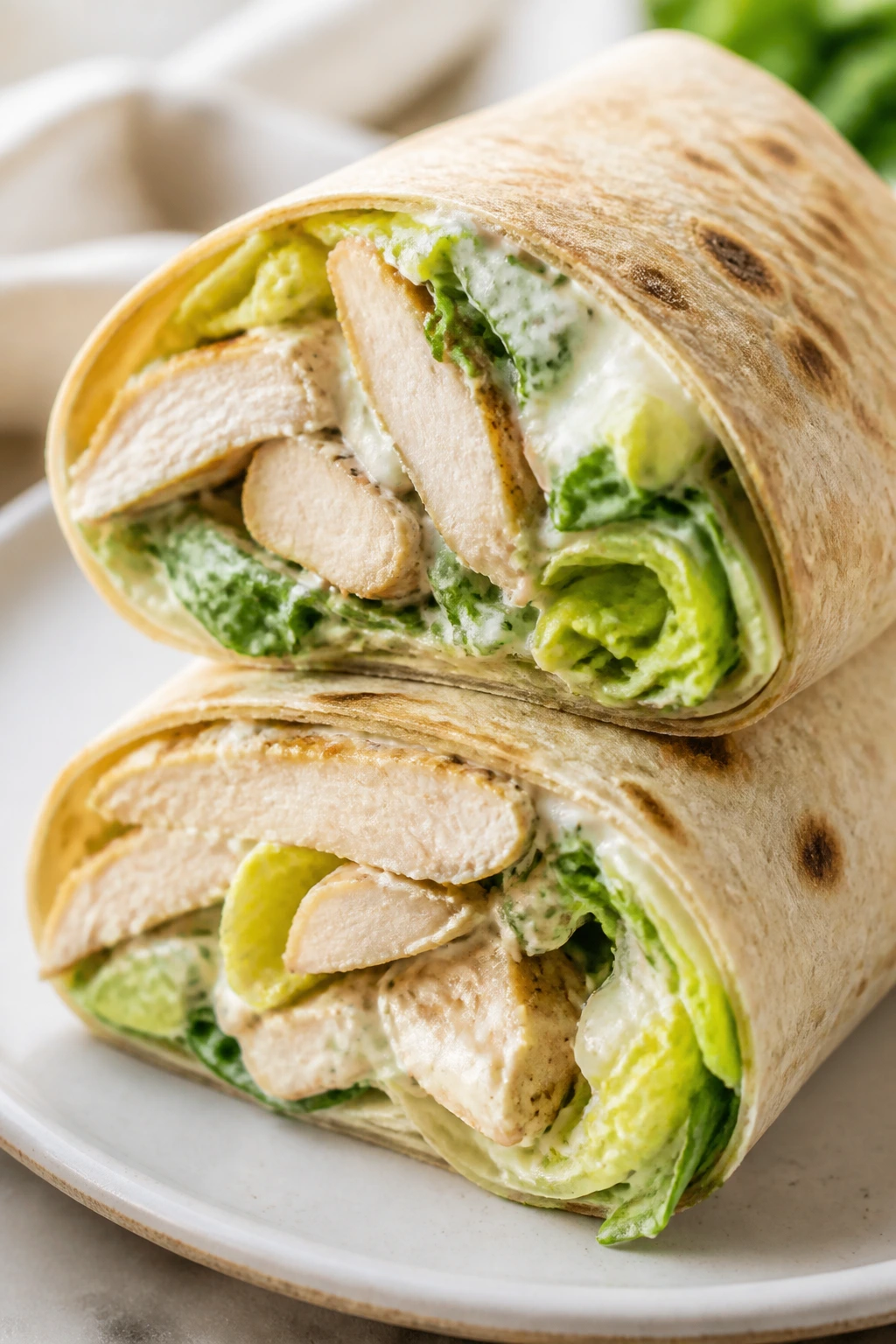 Close-up of chicken Caesar wrap sliced to show filling