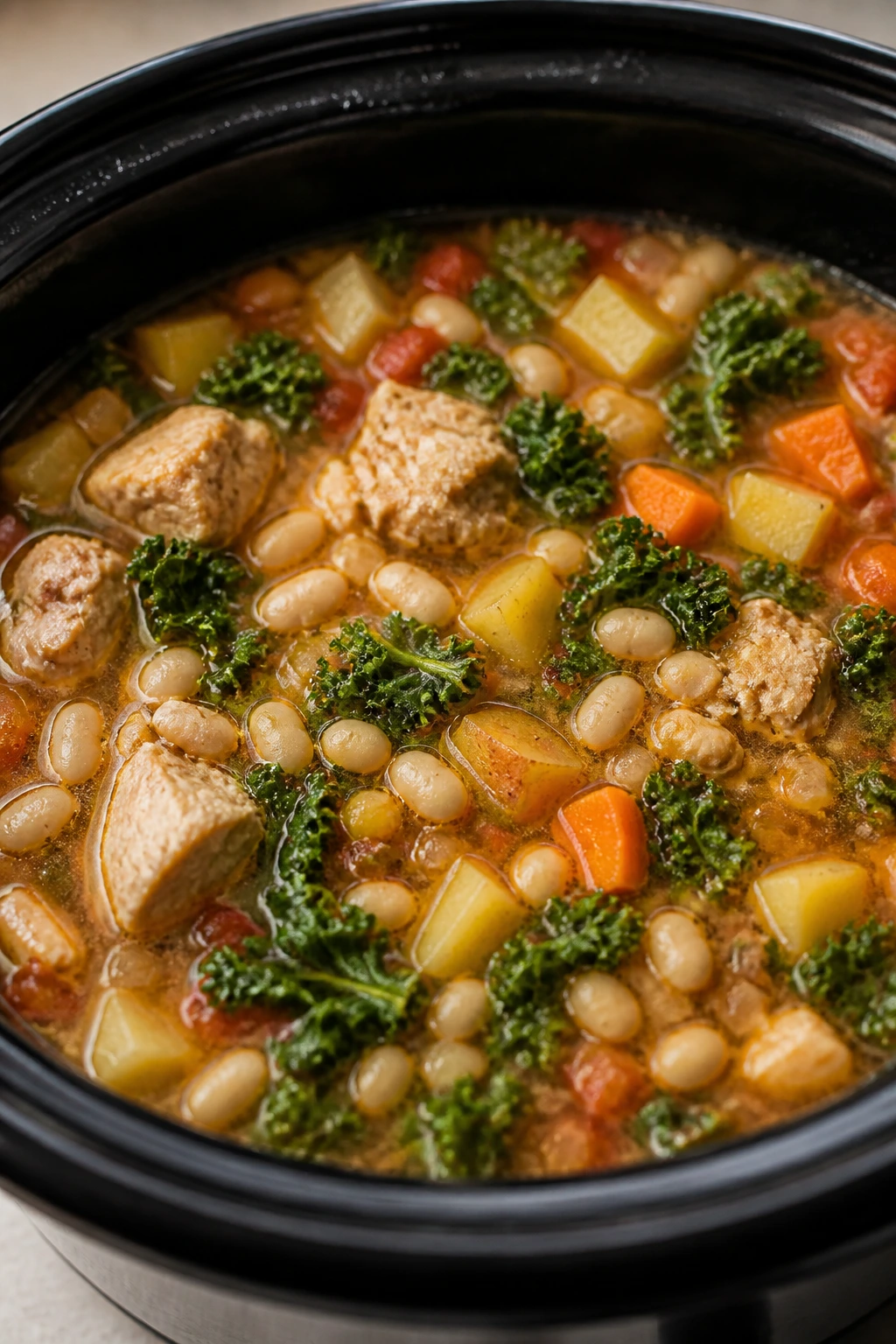 Cast-iron pot with simmering soup showing chicken, beans, potatoes, and kale
