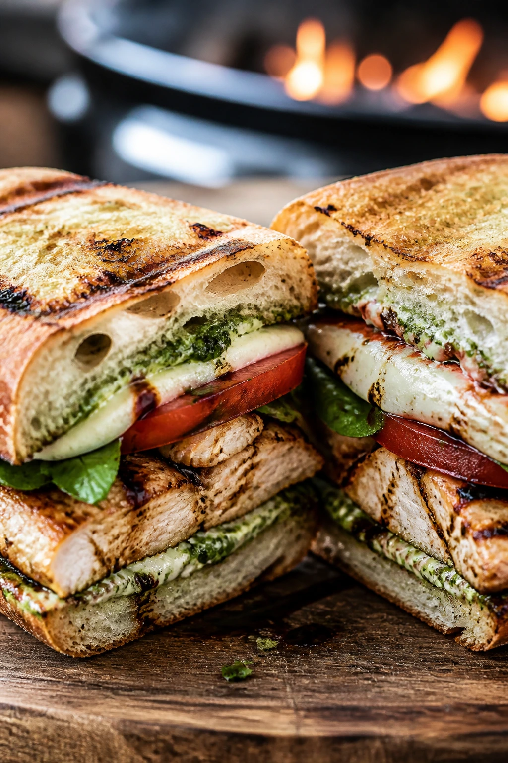 Close-up of grilled chicken caprese sandwich with mozzarella and basil mayo