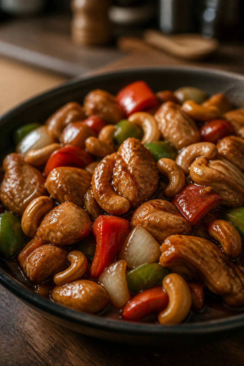 Chicken and cashew stir fry with peppers and cashews in glossy sauce