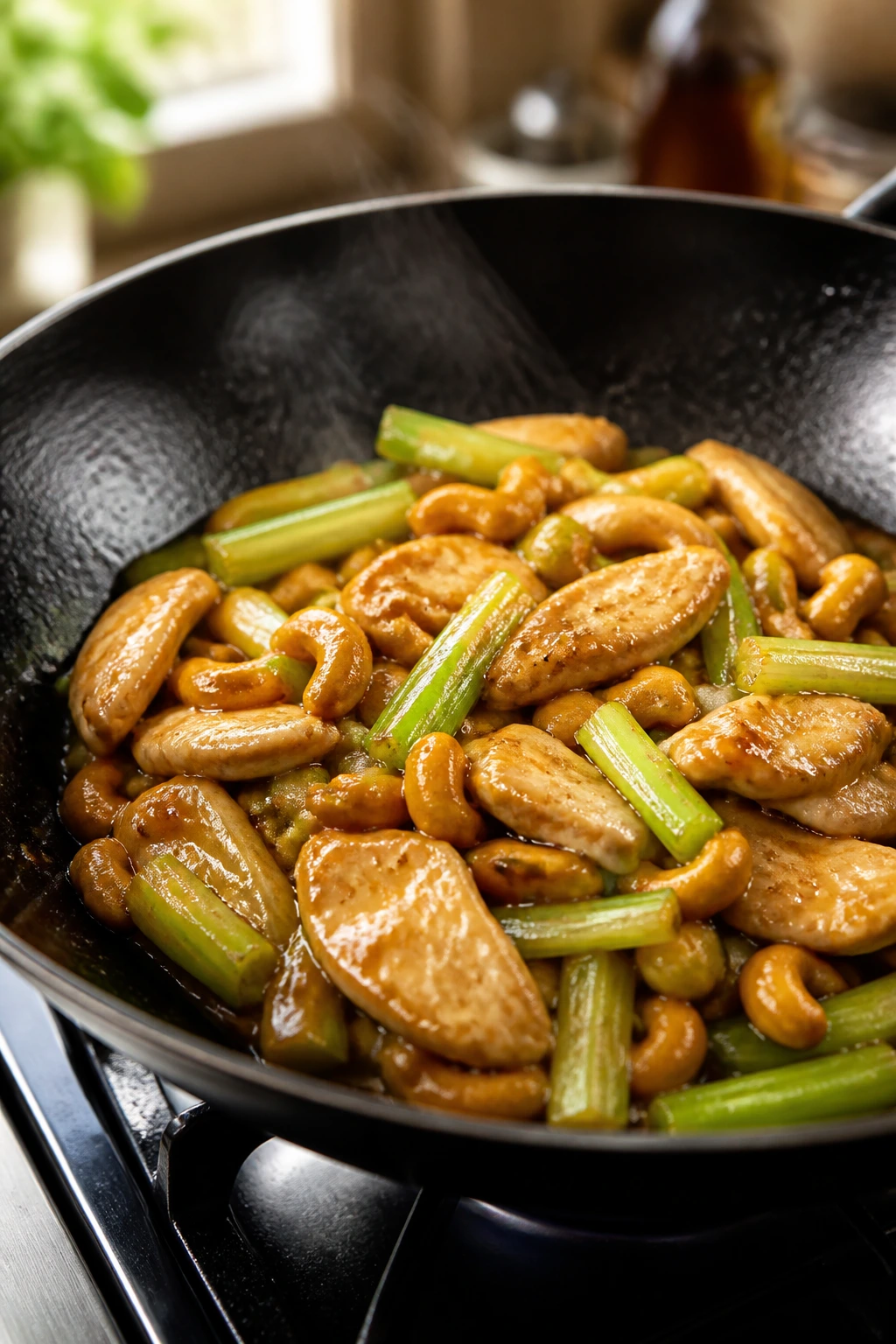 Close-up of chicken with cashews and celery