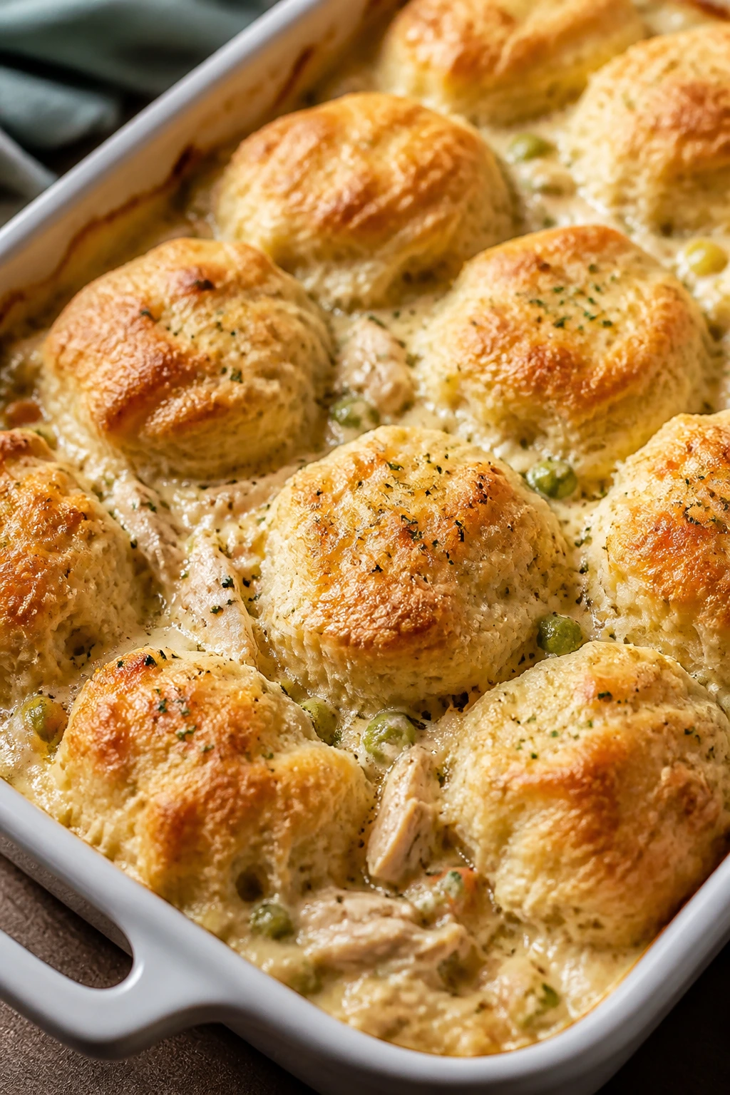 Close-up of a creamy chicken and biscuit casserole in a baking dish