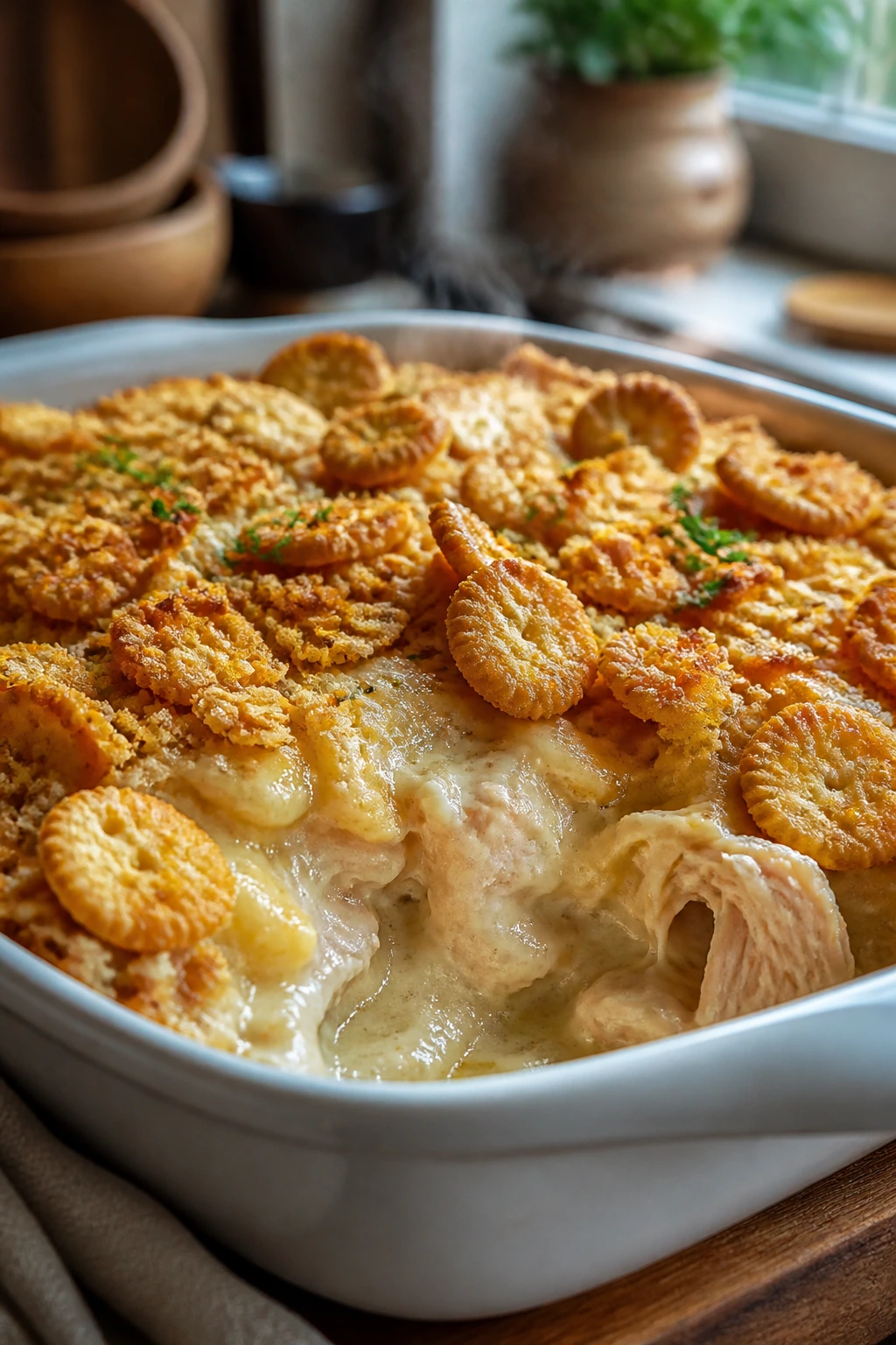 Close-up of creamy chicken Ritz casserole with golden cracker crust in a baking dish