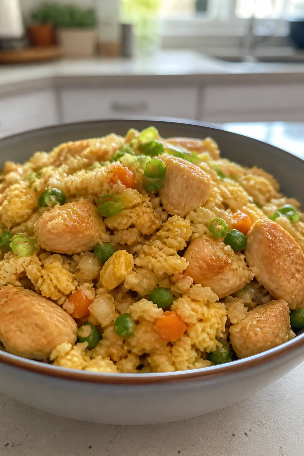 Close-up of chicken cauliflower fried rice in a bowl on a kitchen counter.