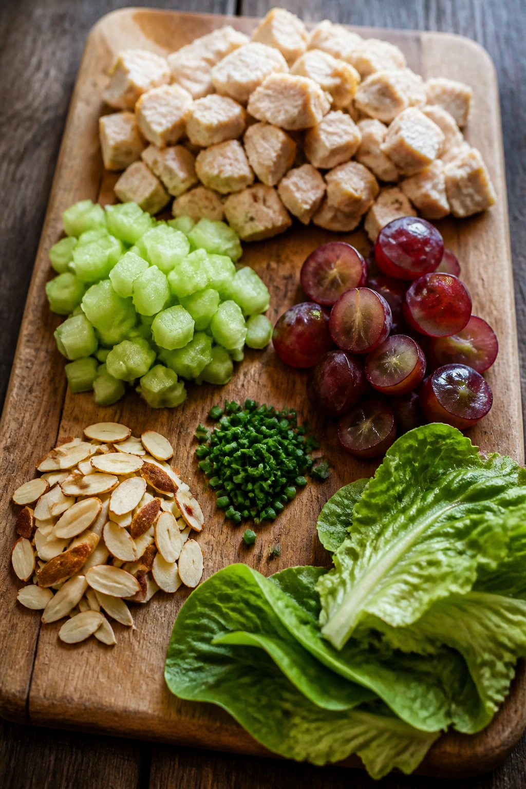 Top-down view of chicken salad ingredients arranged on a board