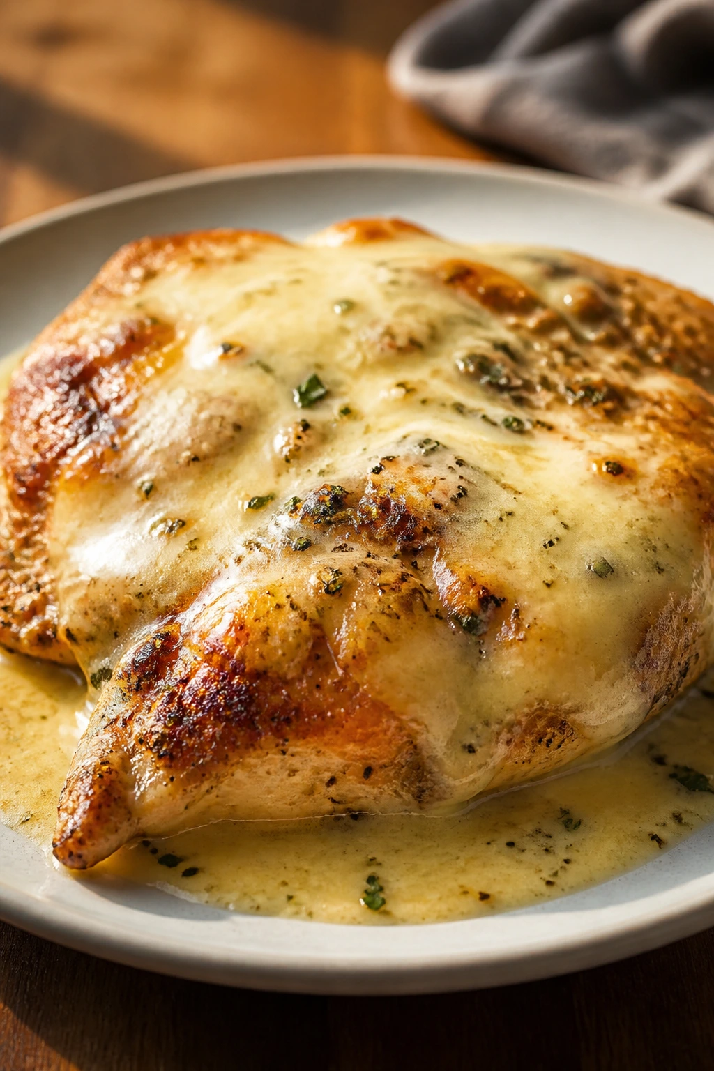 Close-up of tender chicken with glossy cheese sauce on a plate in a warm kitchen