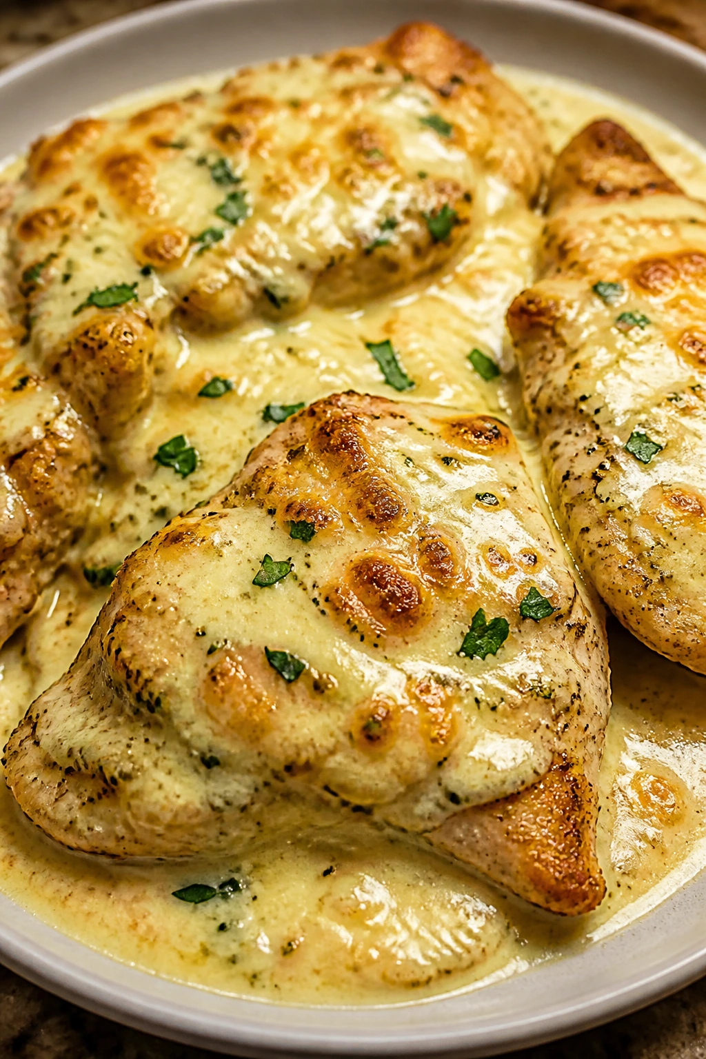 Plated chicken with creamy garlic cheese sauce close-up in a cozy kitchen