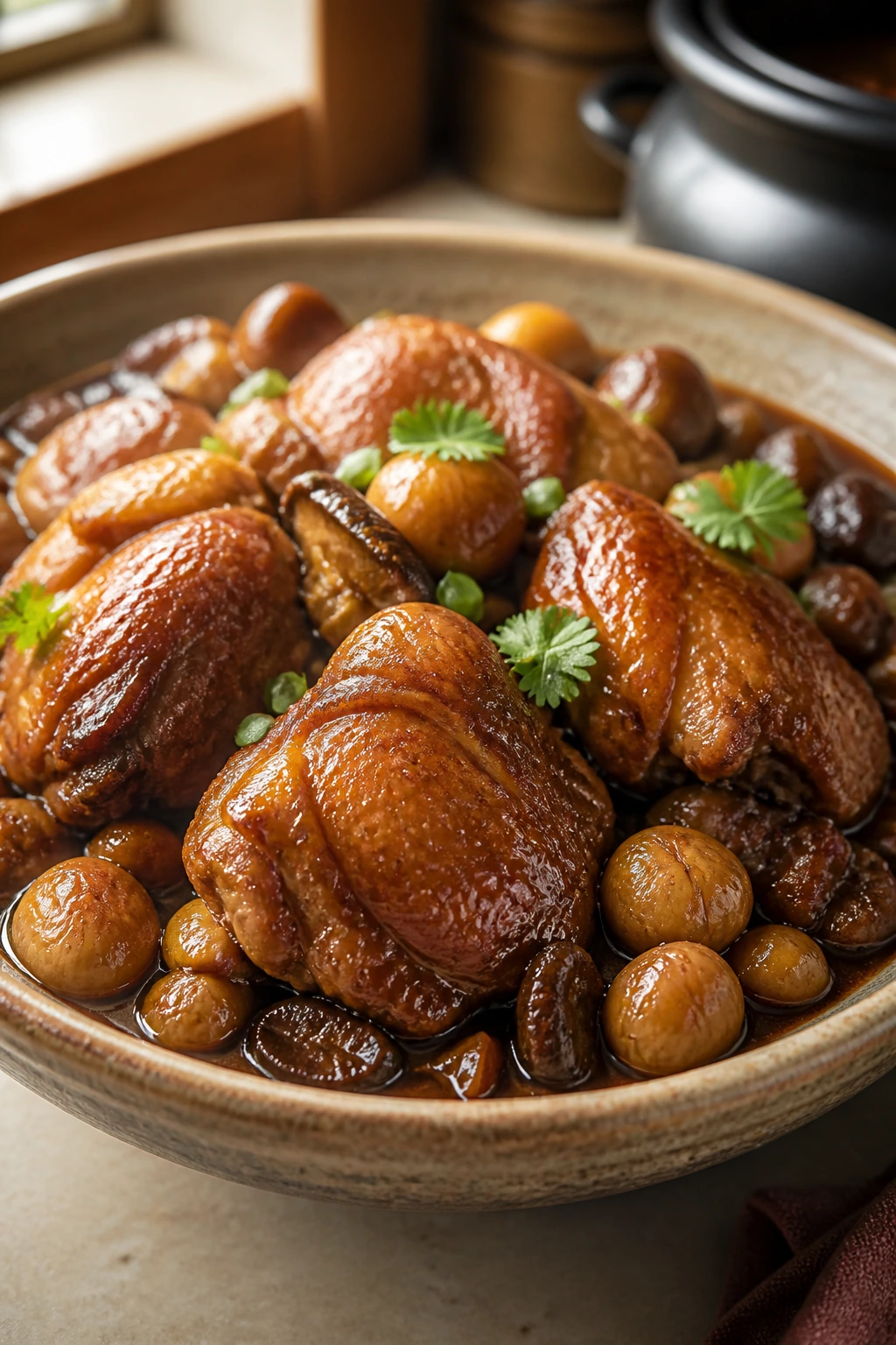 Close-up of chicken thighs with chestnuts in brown braise