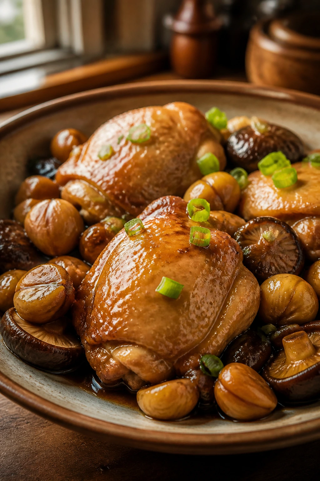 Close-up of chicken with chestnuts braised in glossy sauce