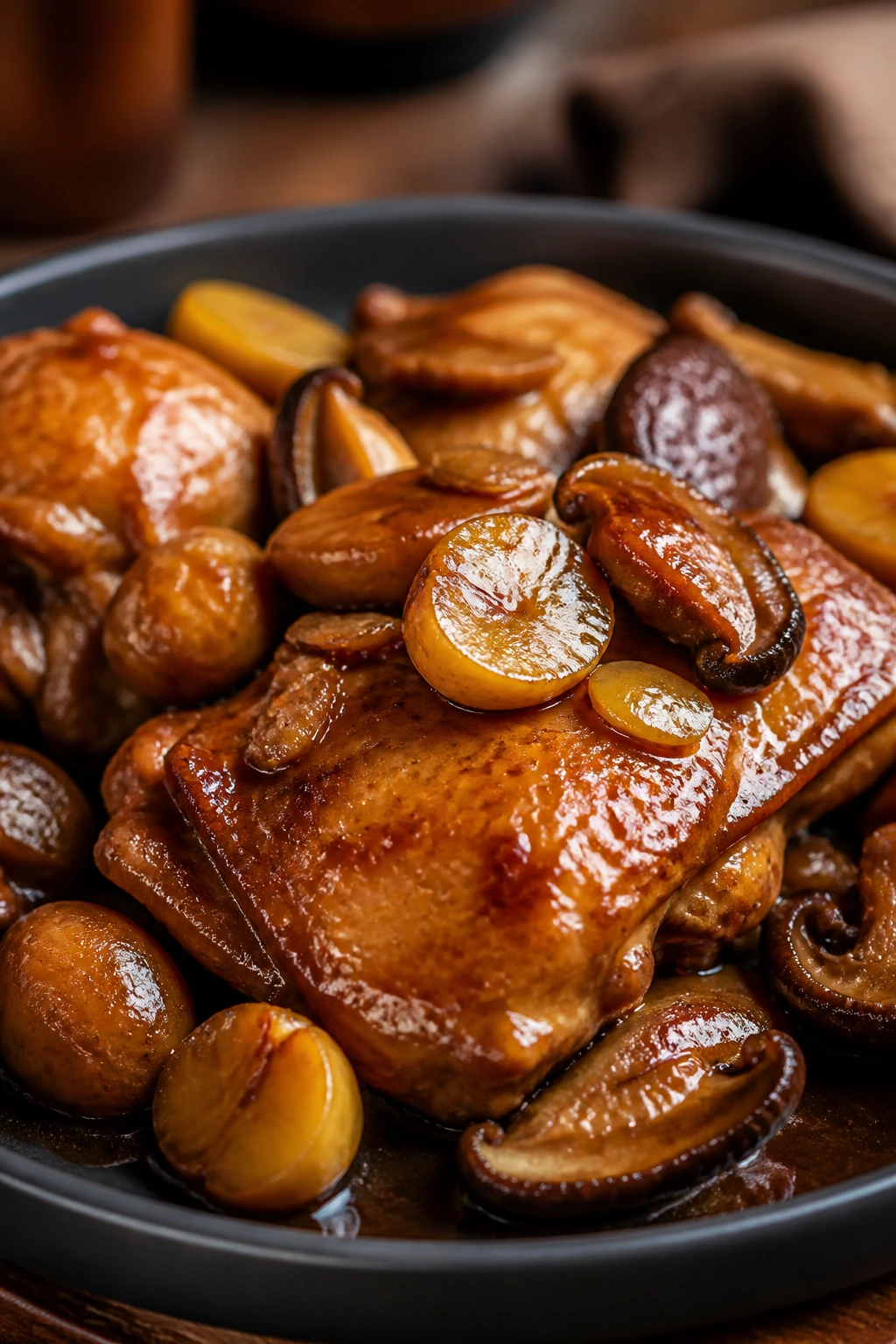 Close-up of chicken thighs with chestnuts and shiitakes in sauce
