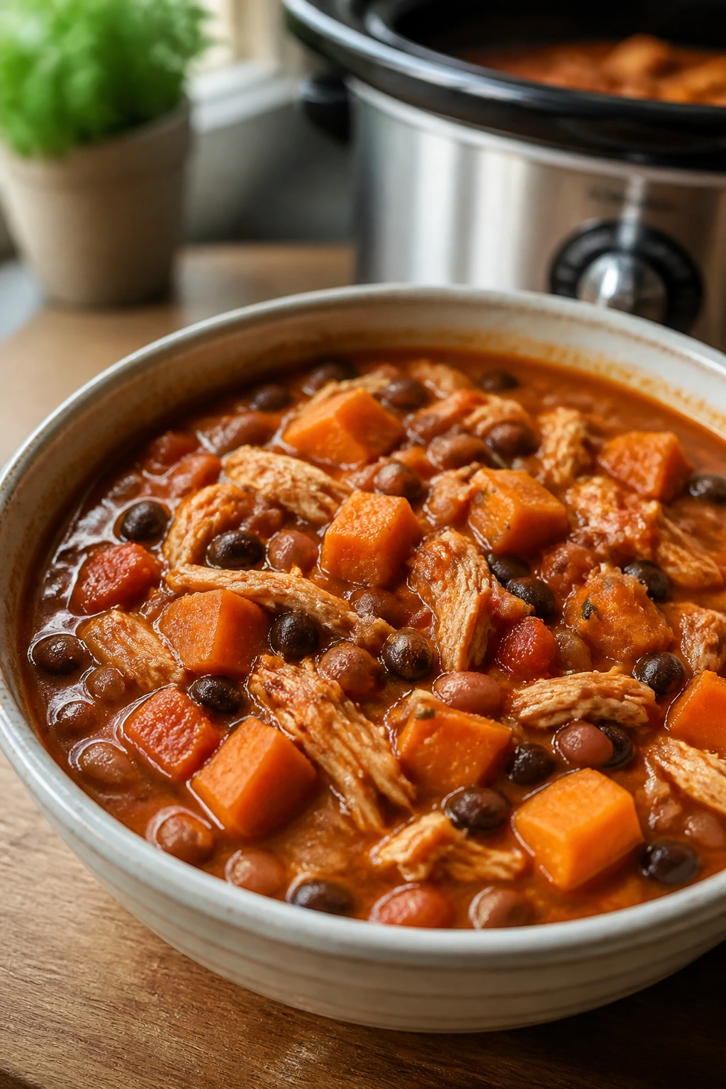 Chicken chili with sweet potato in a bowl