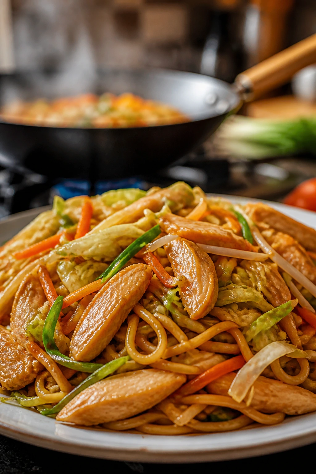 Close-up of chicken chow mein with noodles and vegetables on a plate