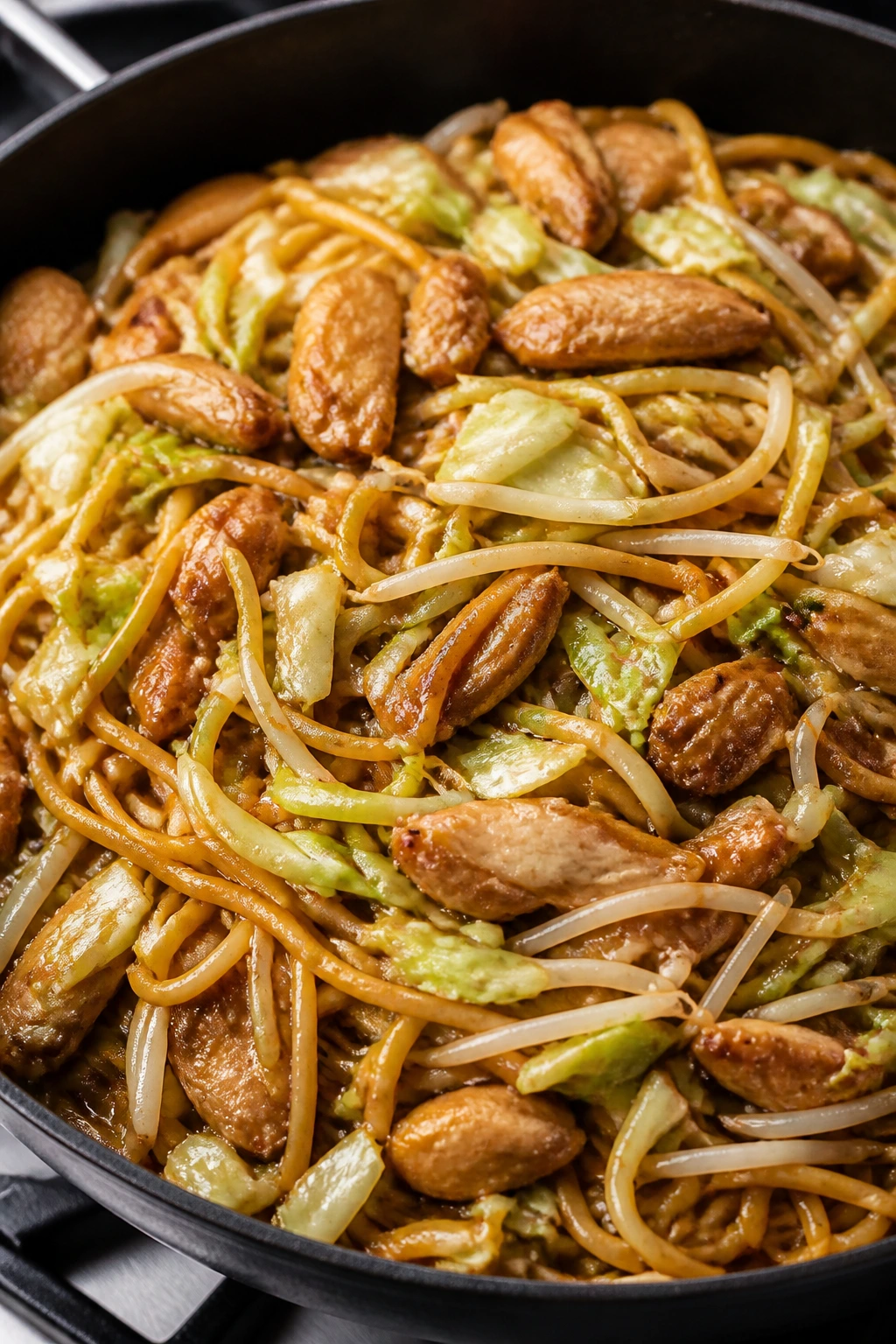 Chicken chow mein with cabbage and bean sprouts in a glaze
