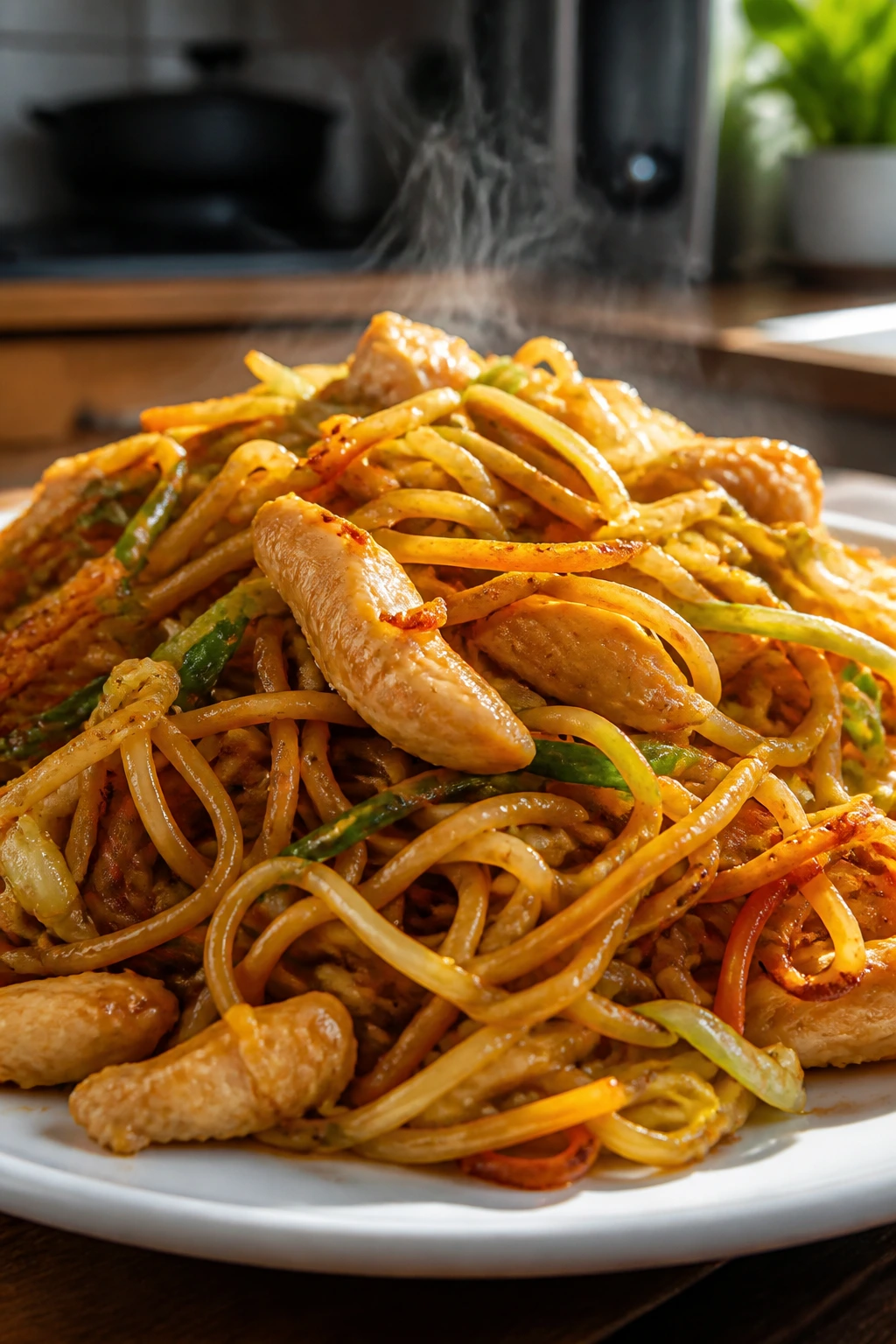 Close-up of chicken chow mein with crispy noodles on plate