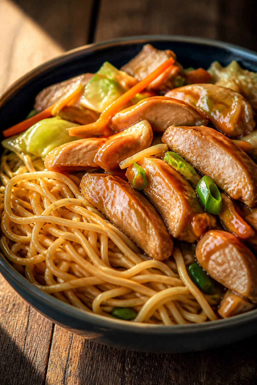 Close-up of chicken chow mein bowl with noodles kept separate from filling