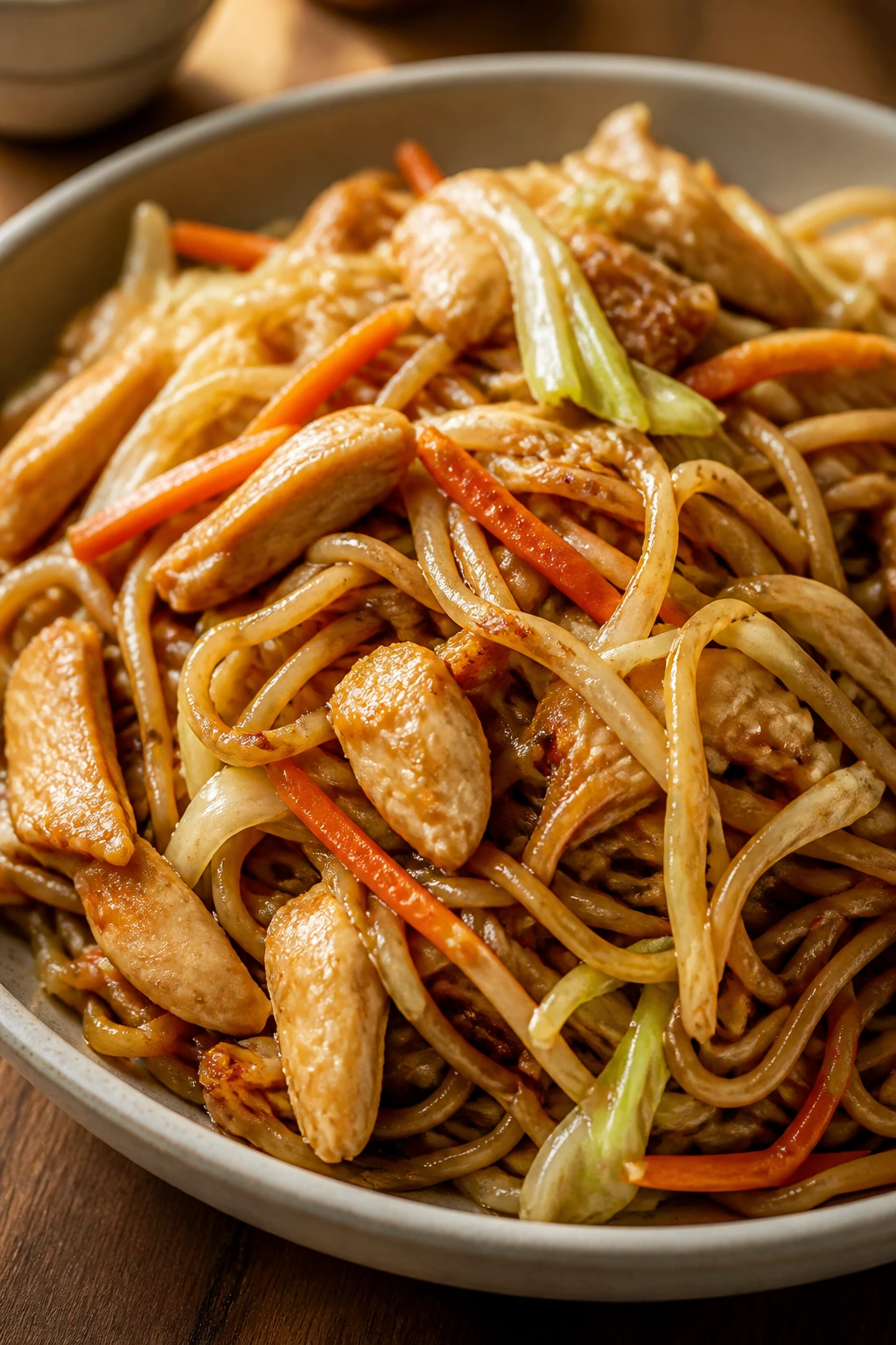 Close-up of chicken chow mein noodles with chicken and vegetables
