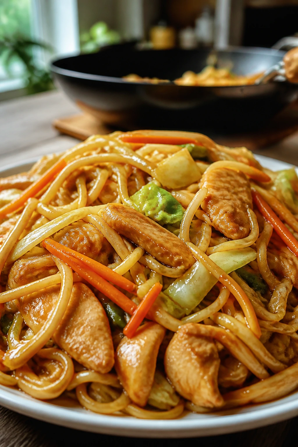 Close-up of chicken chow mein with noodles and vegetables