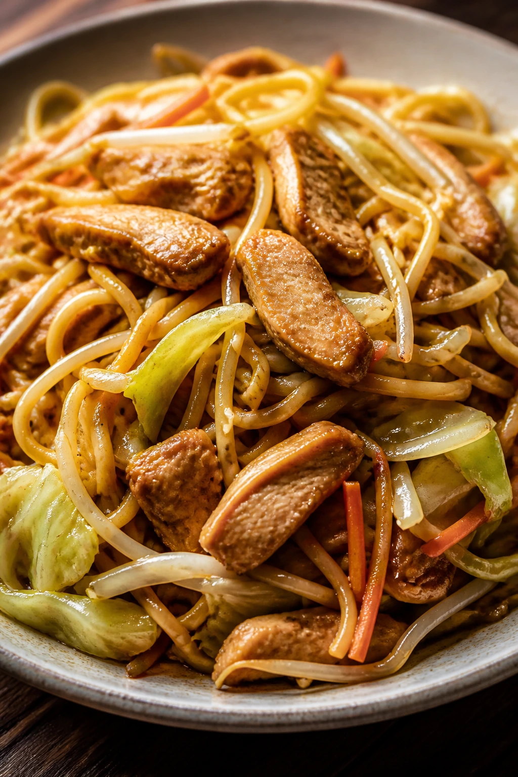 Noodles with chicken and vegetables in glossy chow mein sauce