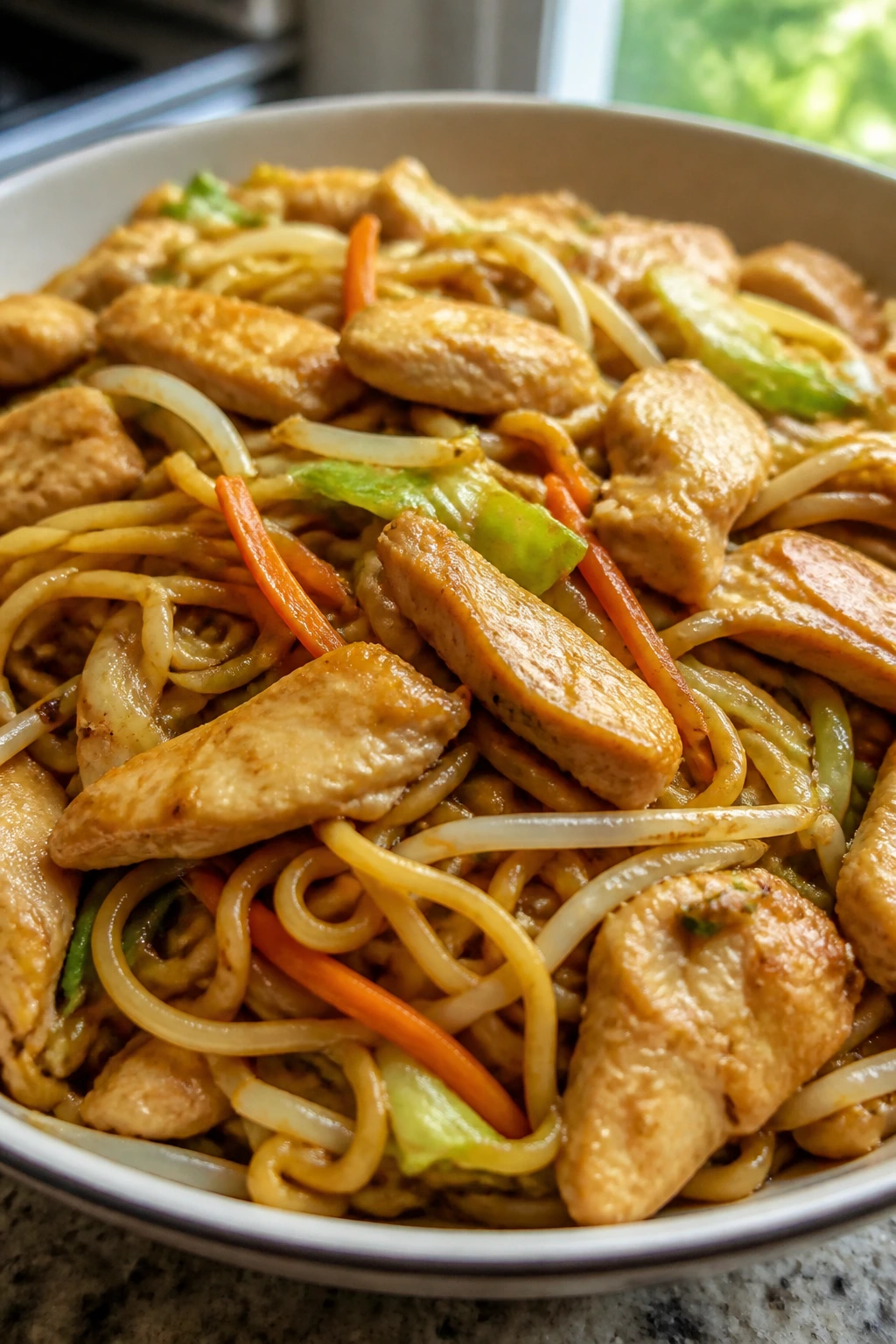 Chicken chow mein close-up with noodles and veg