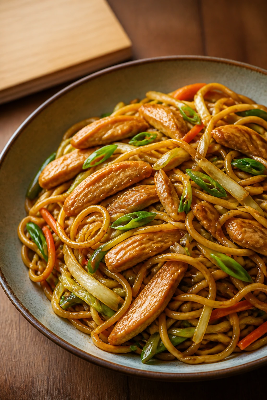 Close-up of Tender Chicken Chow Mein in a bowl with glossy noodles and chicken, recipe card blurred in the background