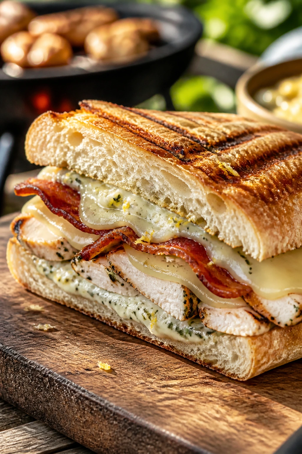 Lemon-herb chicken club melt on ciabatta with bacon and provolone