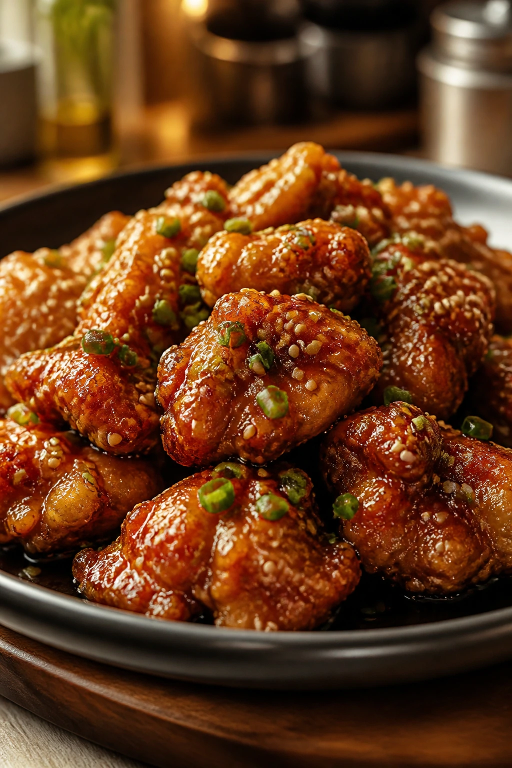 Crispy chicken with glaze and sesame seeds close-up