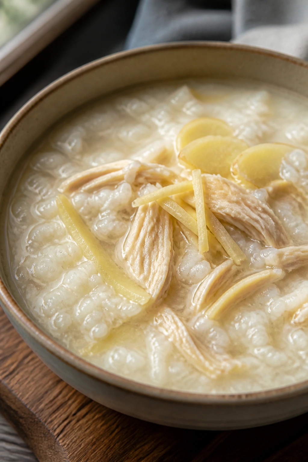 Creamy chicken congee with ginger in a shallow bowl