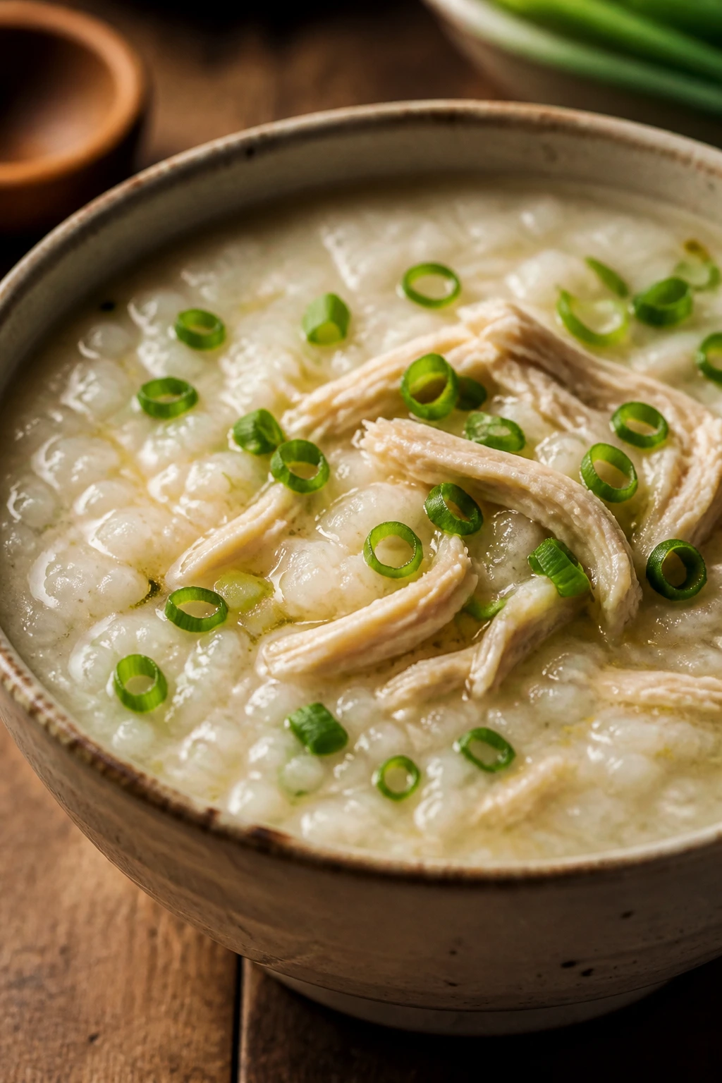 Bowl of creamy chicken congee with scallions