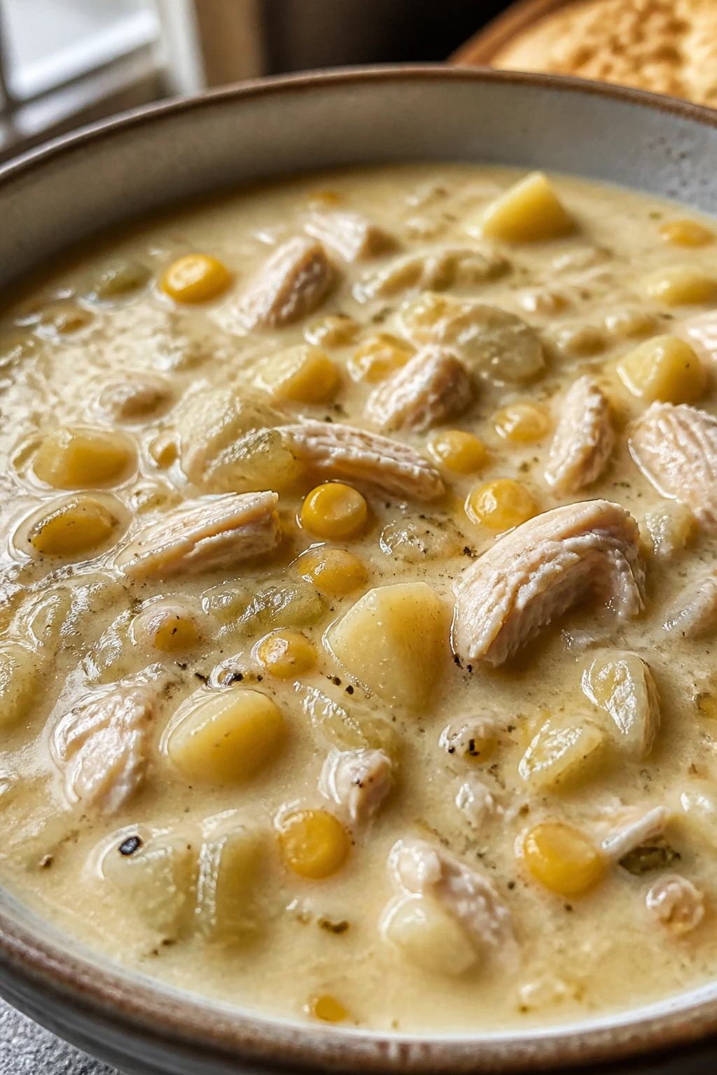 Hearty chicken and corn chowder in a bowl